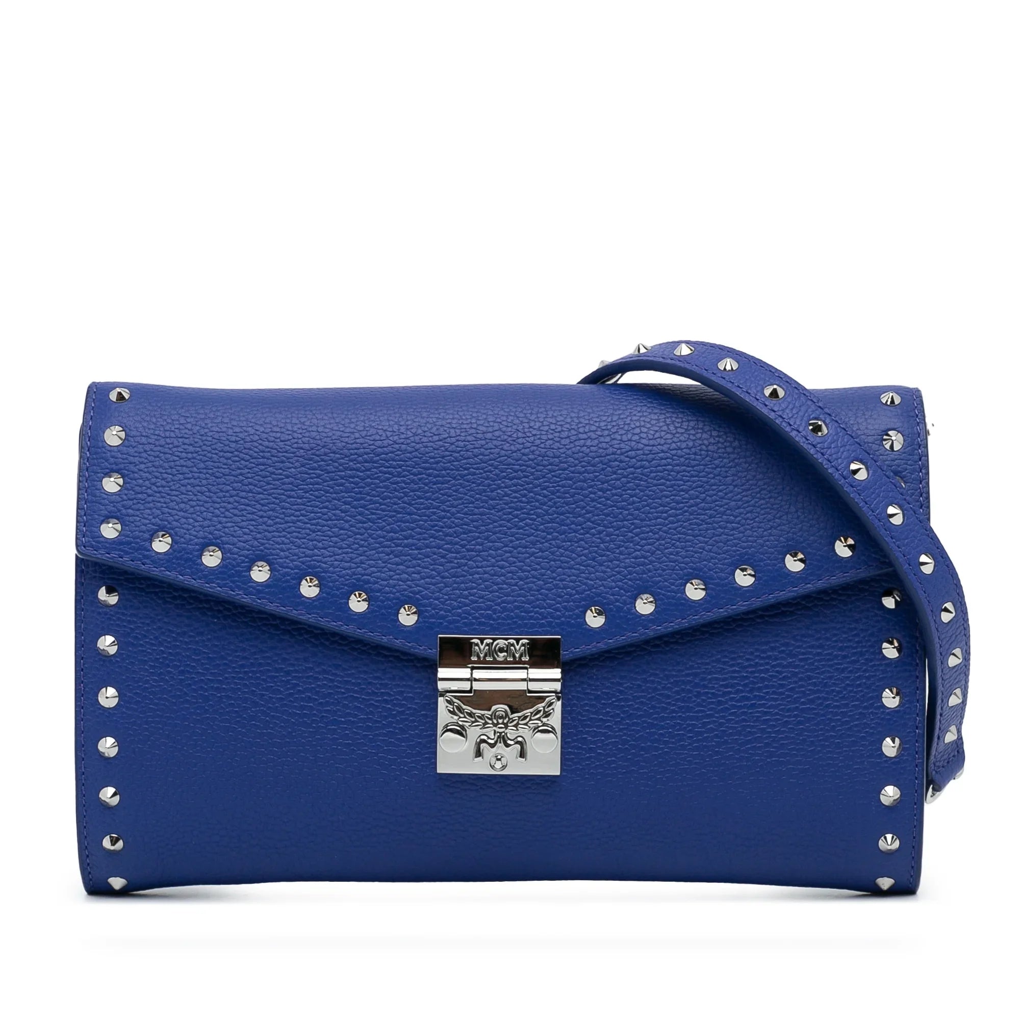 Pre-Owned Authenticated MCM Studded Patricia Wallet on Chain Calf Leather Blue Crossbody Bag Unisex (Good)