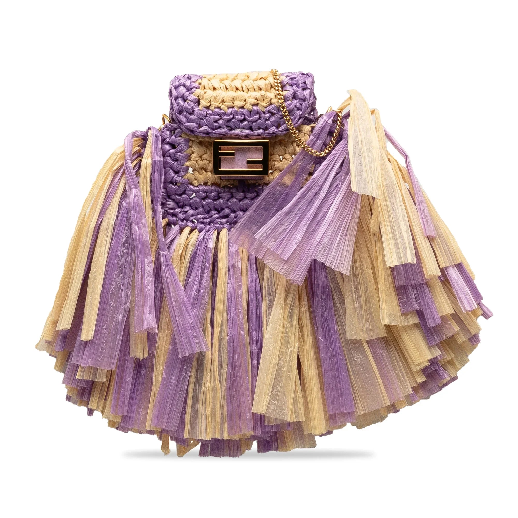 Pre-Owned Authenticated Fendi Intreccio Pico Baguette Raffia Natural Material Purple Crossbody Bag Unisex (Good)