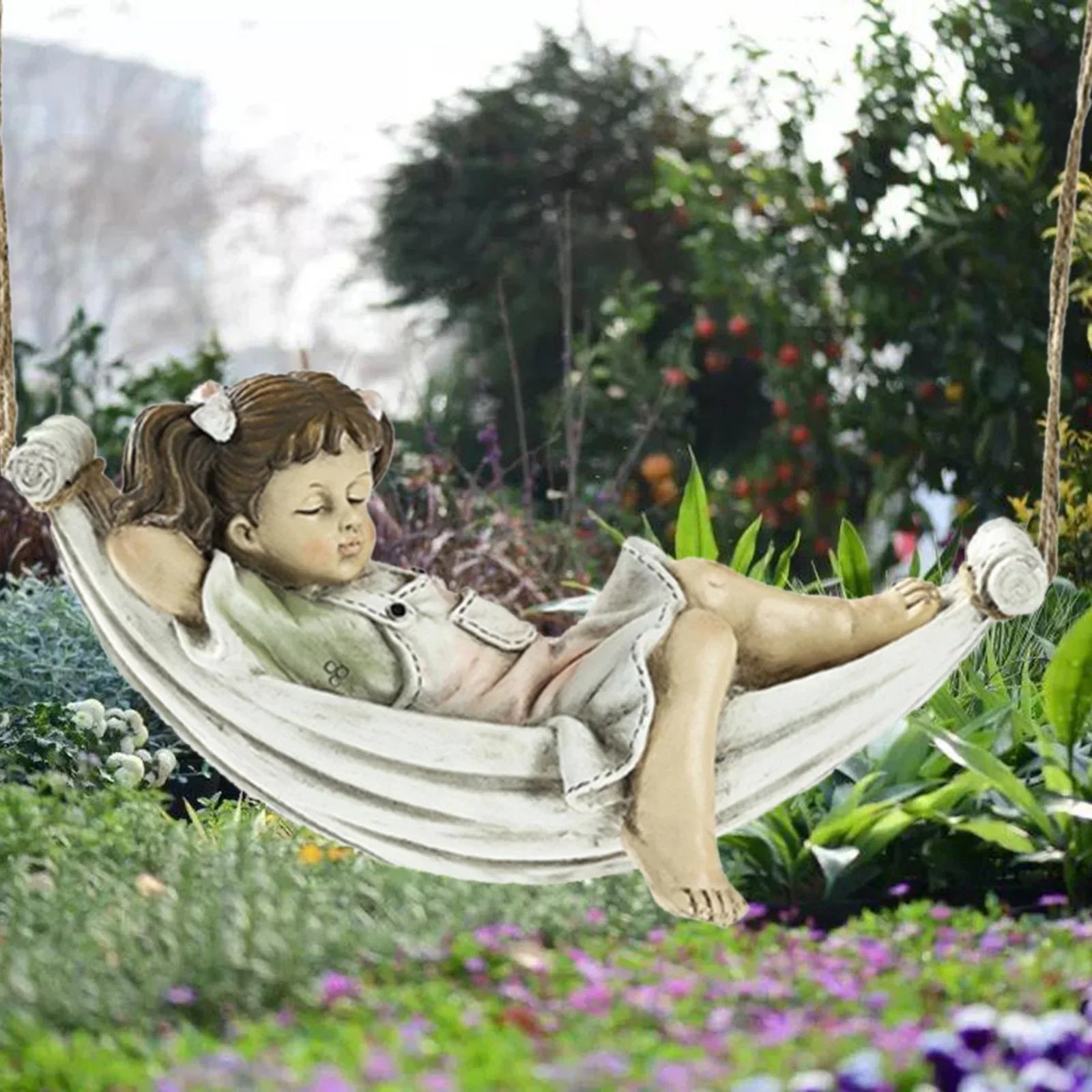 Girls on Swing Garden Statue, Yard Pond Fountain Decorative Figurine Tree Hanging Sculpture, Lawn Nordic Hand Landscaping Ornament Crafts