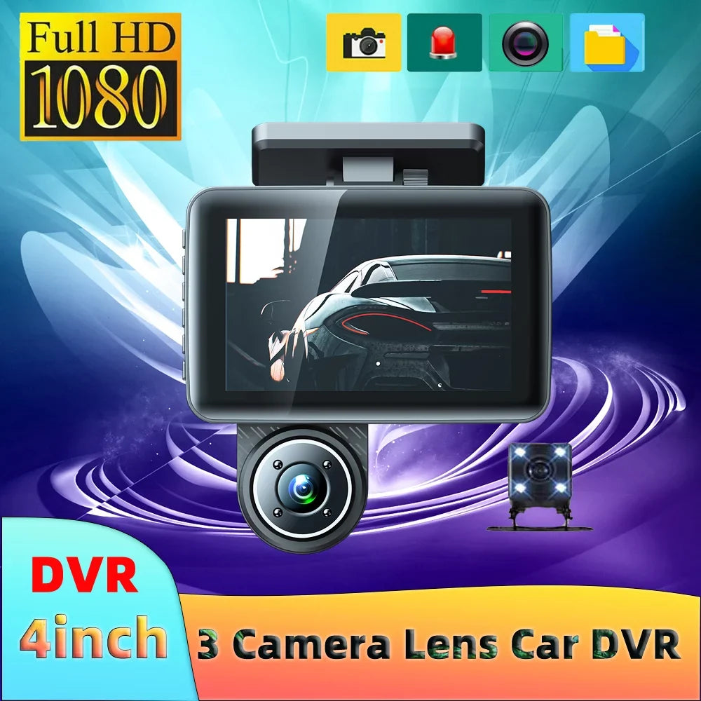 Arealer 3 Cameras Dash Cam 4in Clear Car Rearview Mirror Car Video Recording Wide Angle Car Recorder Auto Safety Driving Recorder