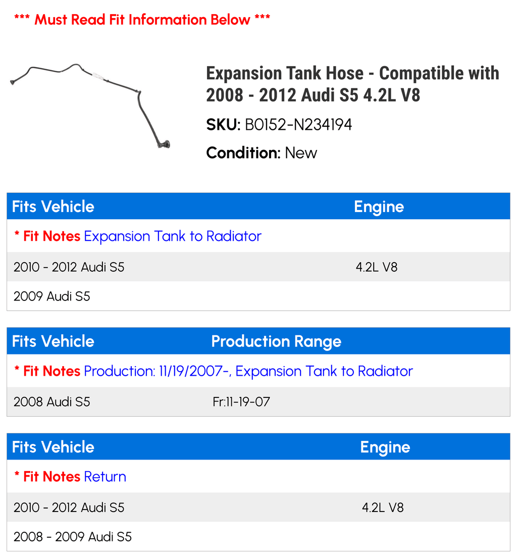 Expansion Tank Hose - Suitable with 2008 - 2012 Audi S5 4.2L V8 2009 2010 2011
