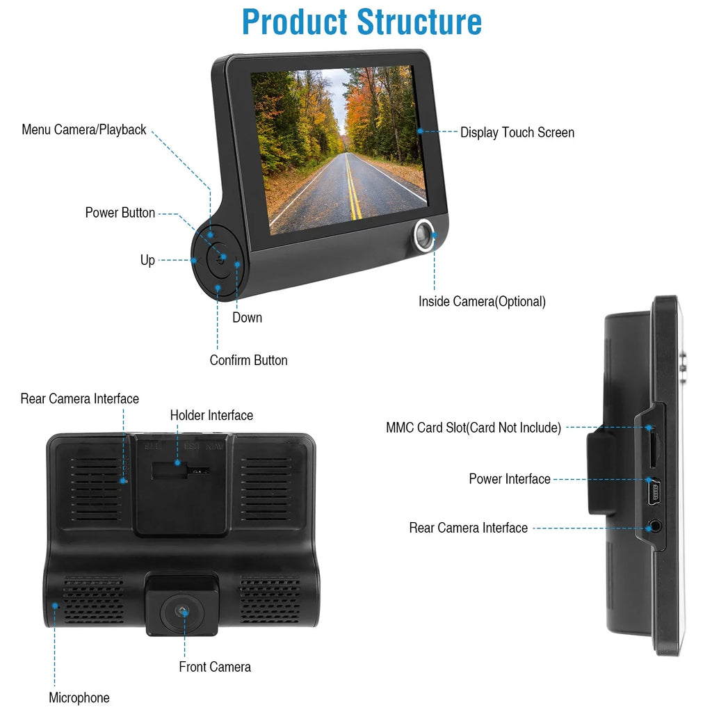 iMounTEK Dashboard Camera FHD 1080P 4in Touch Screen Car DVR Dash Camera 3 Lens Vehicle Driving Recorder Seamless Loop Recording with 19.68ft Rear Camera Wire, Black