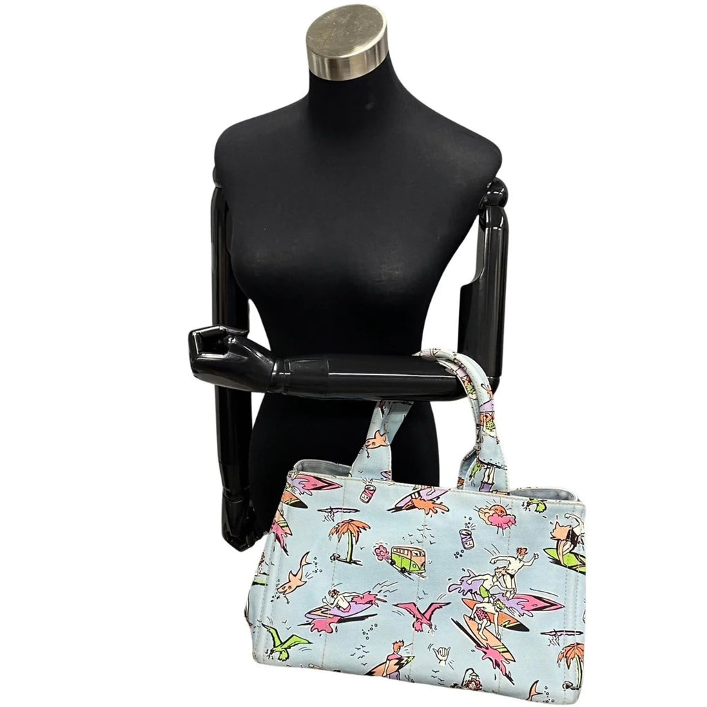 Pre-Owned PRADA Prada Triangle Canapa Surfing Pattern Canvas Handbag Tote Bag Blue Multicolor 25905 (Good)
