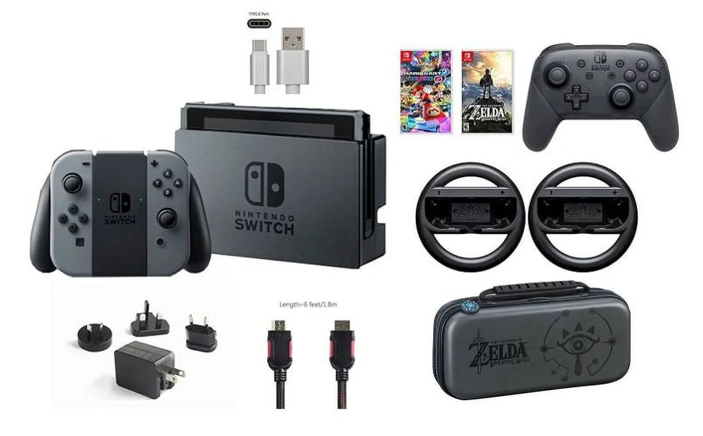 Nintendo Switch 32GB Console Gray Joy-con Bundle:Mario Kart 8 Deluxe and Deluxe Travel Case,The Legend of Zelda:Breath of the Wild,Pro Controller,Joy-Con Wheel (Set of 2)
