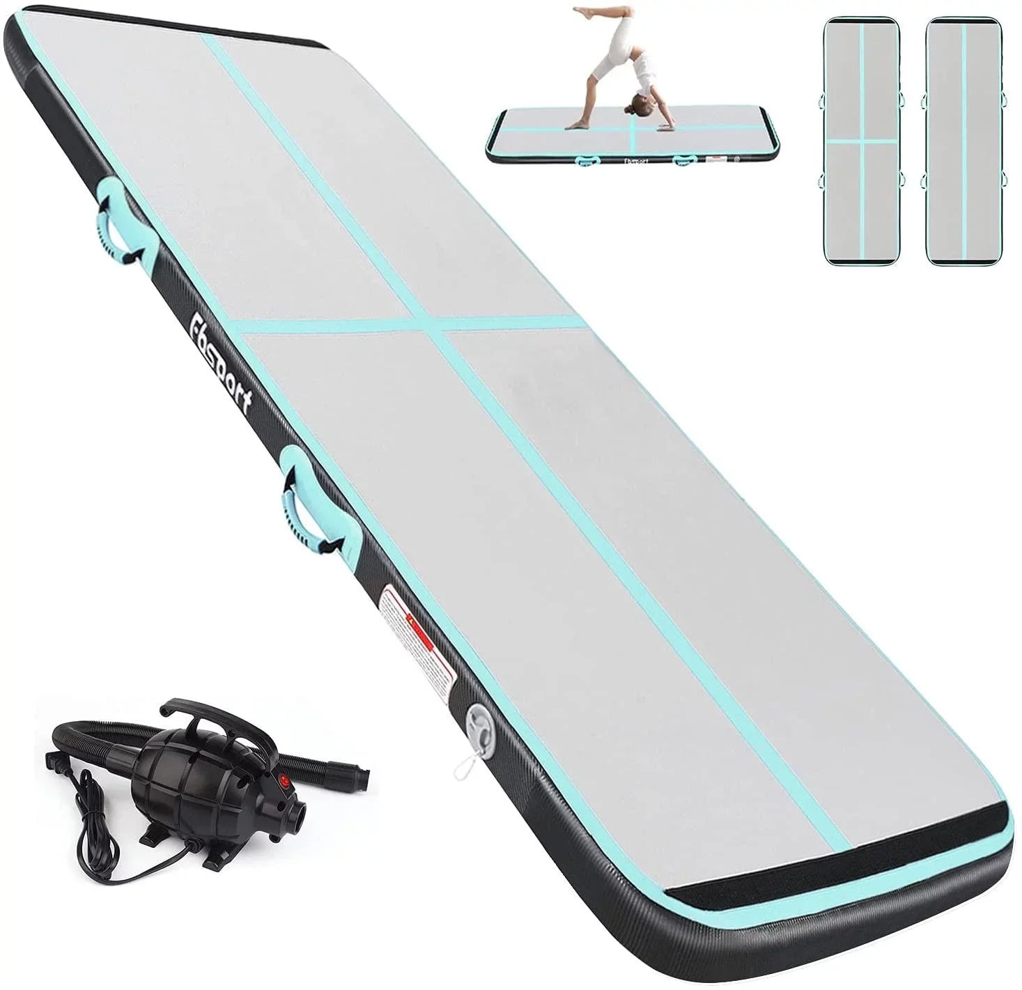 FBSPORT Air Track 20ft Inflatbale Gymnastic Mat, Carbon Fiber Material Exercise Tumbling Mat, Mint Green