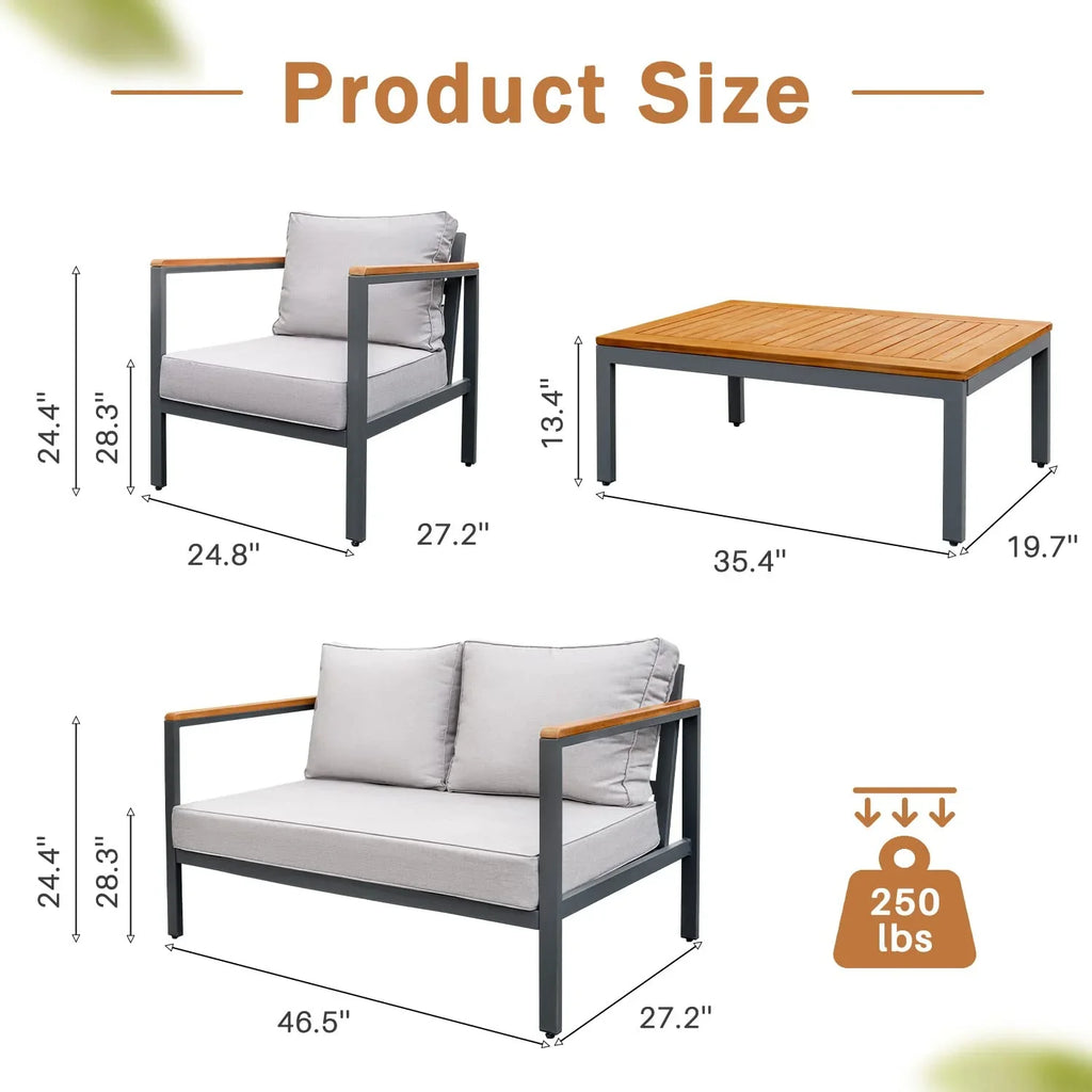 Devoko 4 Pieces Patio Conversation Set Outdoor Metal Frame Table and Thick Cushion, Gray