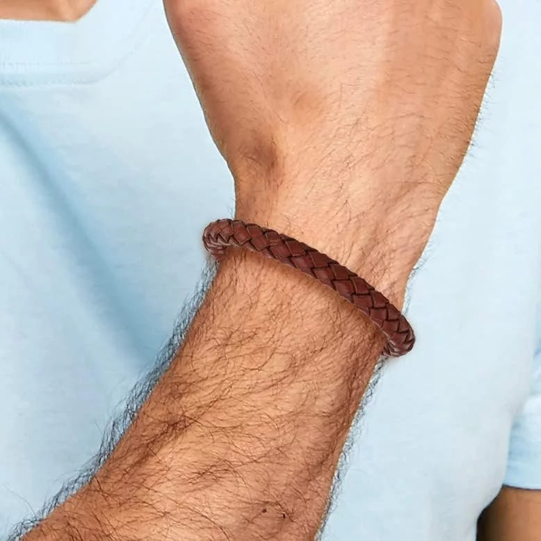 Chisel Stainless Steel Polished Brown Braided Leather Bracelet - 8.5"