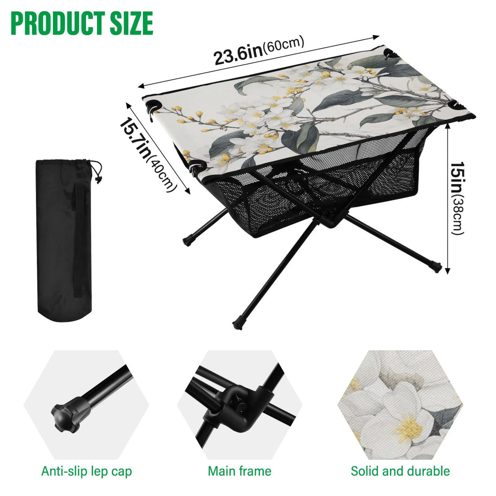 Blooming Jasmine Flowers Camping Foldable Portable Table Beach Table with Storage Bag Compact Picnic Table for Outdoor Hiking Fishing BBQ