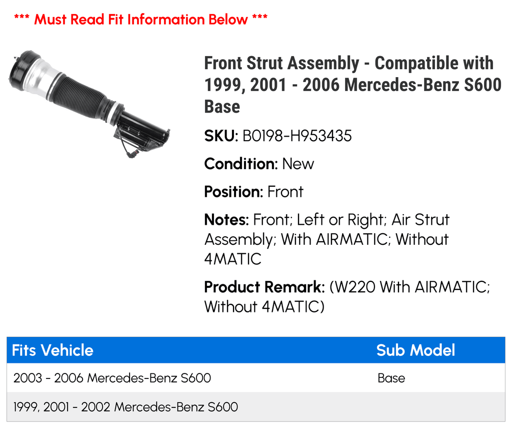 Front Strut Assembly - Matching with 1999, 2001 - 2006 Mercedes-Benz S600 Base 2002 2003 2004 2005