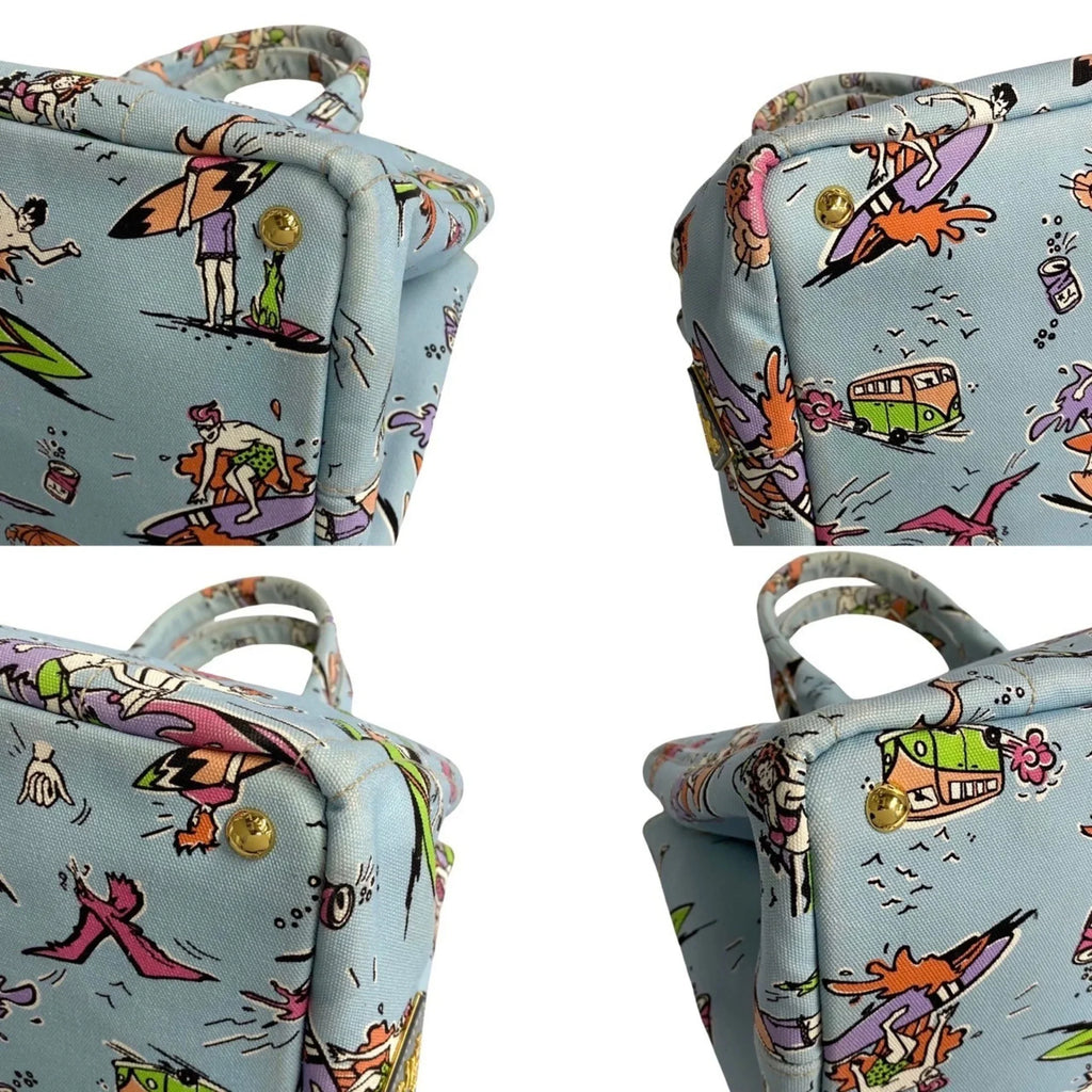 Pre-Owned PRADA Prada Triangle Canapa Surfing Pattern Canvas Handbag Tote Bag Blue Multicolor 25905 (Good)