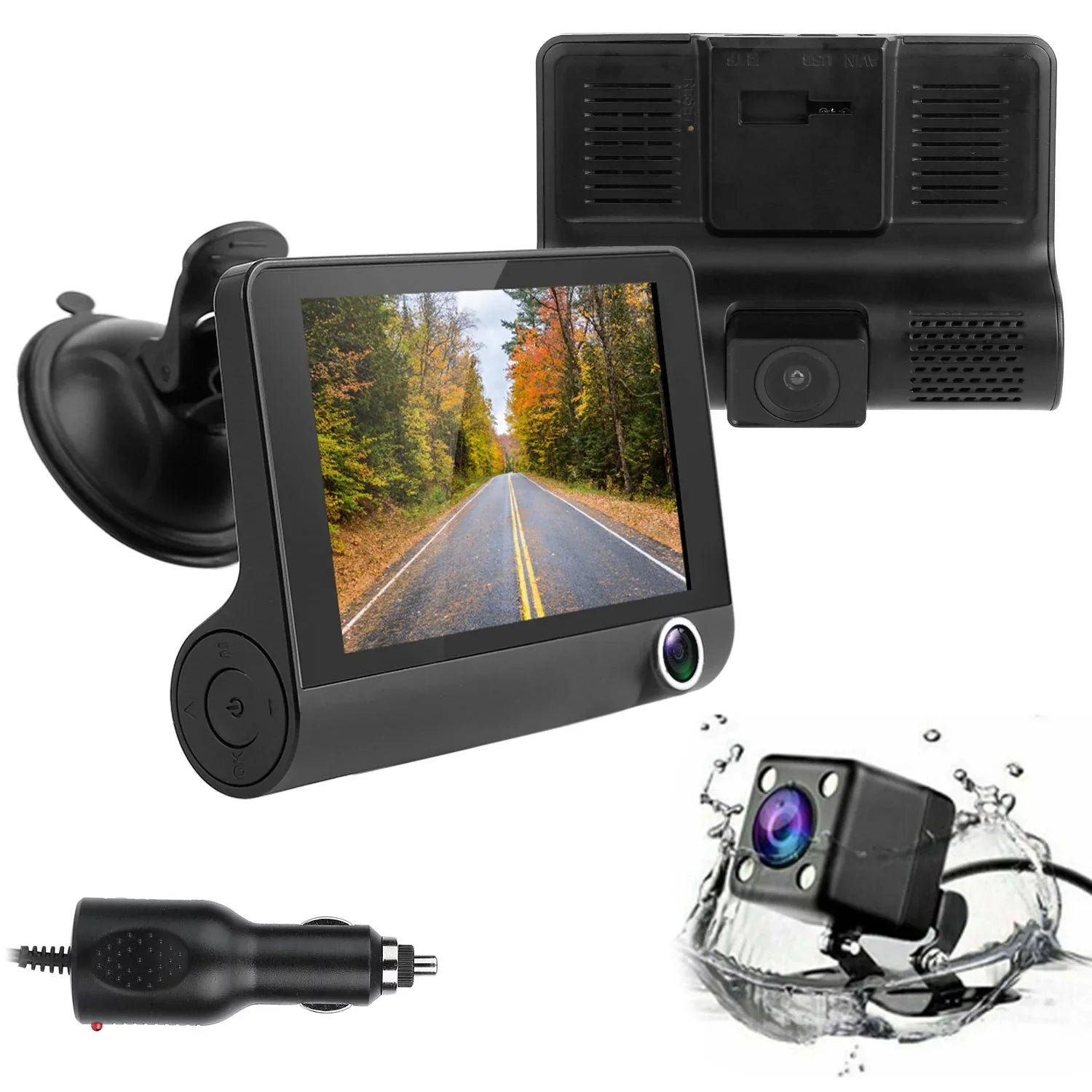 iMounTEK Dashboard Camera FHD 1080P 4in Touch Screen Car DVR Dash Camera 3 Lens Vehicle Driving Recorder Seamless Loop Recording with 19.68ft Rear Camera Wire, Black