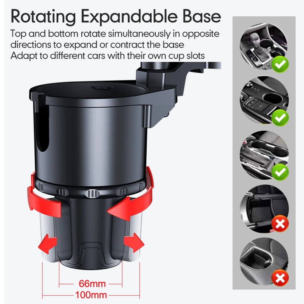 OWSOO Car Cup Holder, Multifunctional Expander with 360° Rotation Tray, Mobile Phone Holder, Adjustable Base, Auto Front Back Seat Organizer, Size S, Convenient for Car Travel