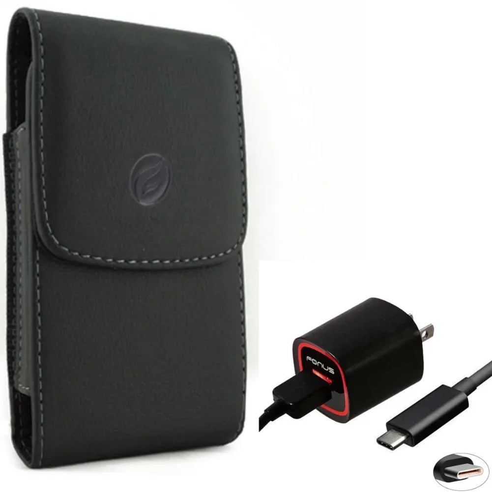 USB Cable 2.4A Home Charger w Holster Leather Case Belt Clip for Motorola Revvlry Plus, Moto G7 - OnePlus 6T, 6 - Razer Phone 2 - Samsung Galaxy S9 Plus S22 Plus S10 Plus Shield FieldPro