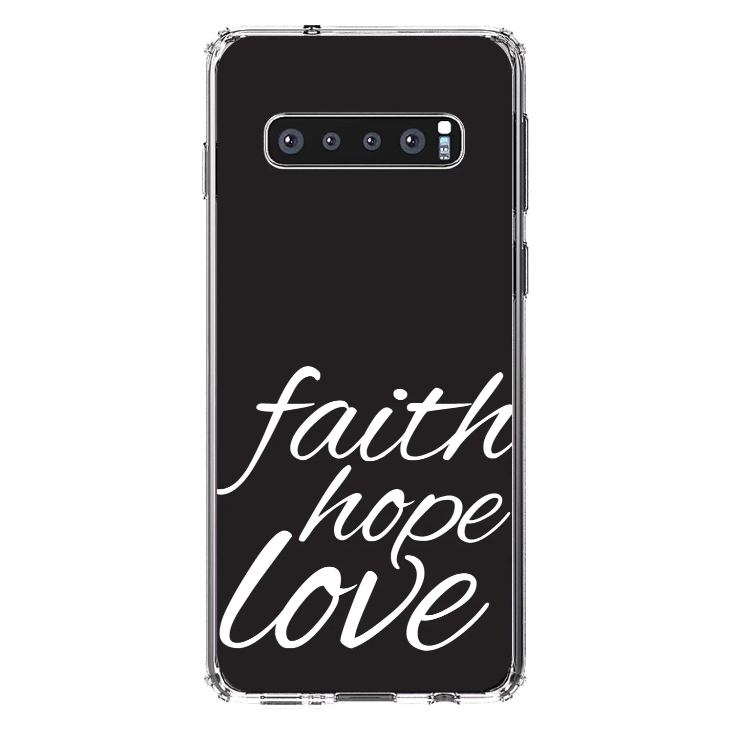DistinctInk Clear Shockproof Hybrid Case for Samsung Galaxy S10 (6.1" Screen) - TPU Bumper, Acrylic Back, Tempered Glass Screen Protector - Faith / Hope / Love - Black & White - Christ