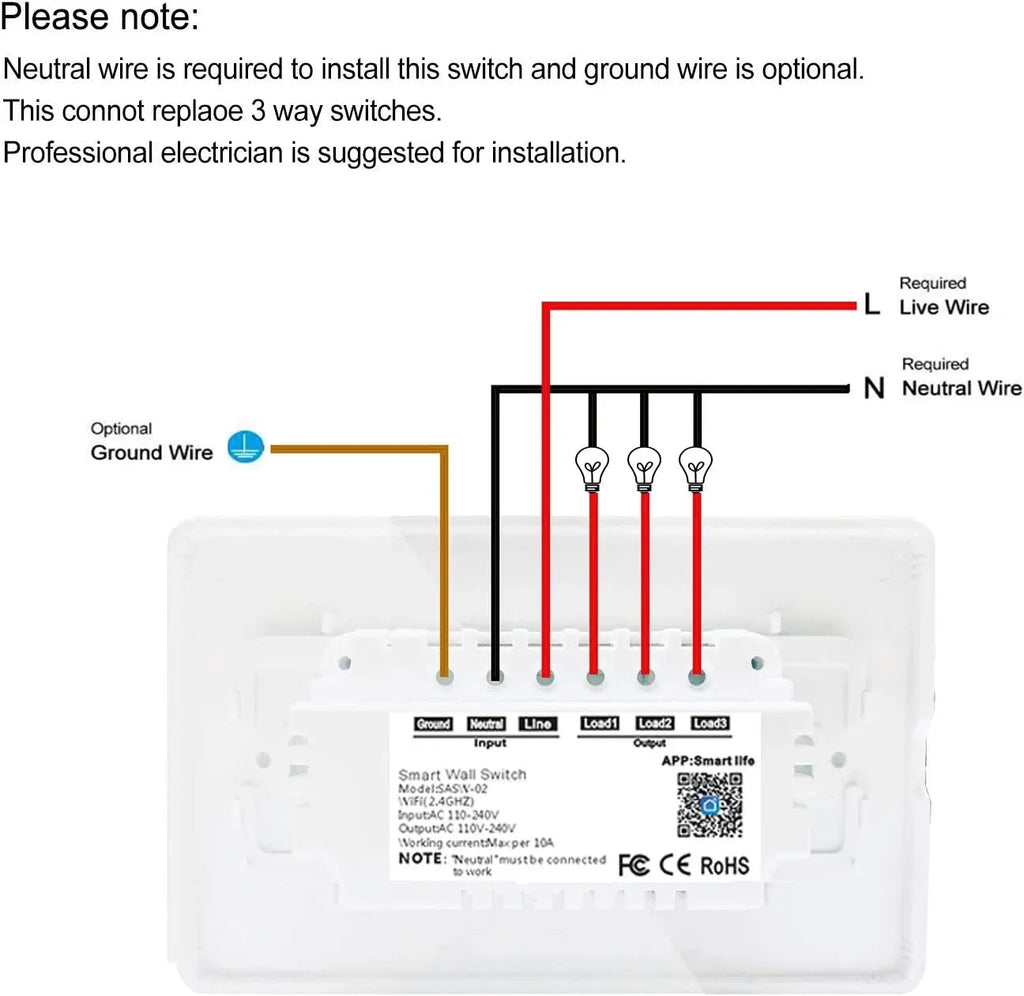 SANA Smart Light Switch,WiFi Wall Light Switch, Easy Installation and APP Control, Fitting with Alexa and Google Home, No Hub Required (3 Switches in 1 Gang)
