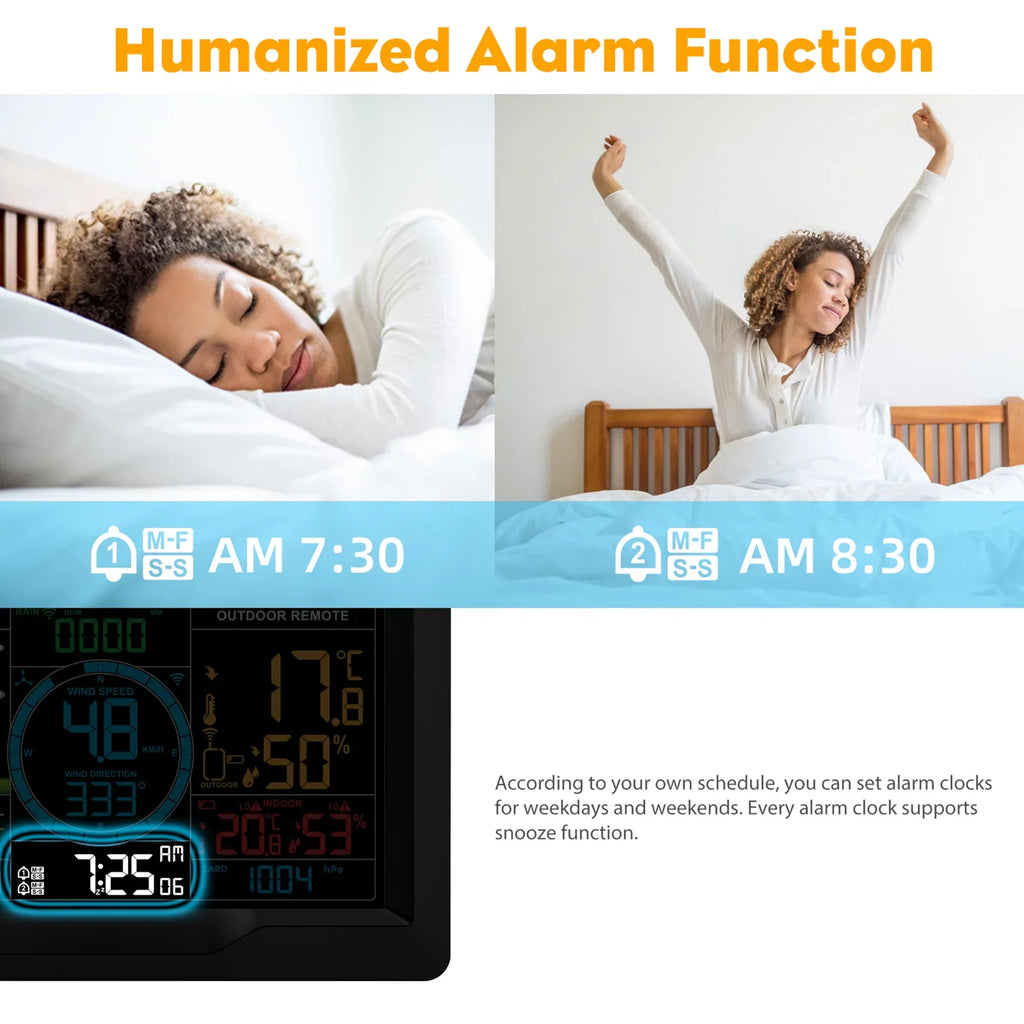 Suzicca Wireless Condition Station Indoor Hygrometer Thermometer Temperature Backlit Humidity Display Digital Environment Forecast Station Clock Alarm Clock with Sensor USB Port