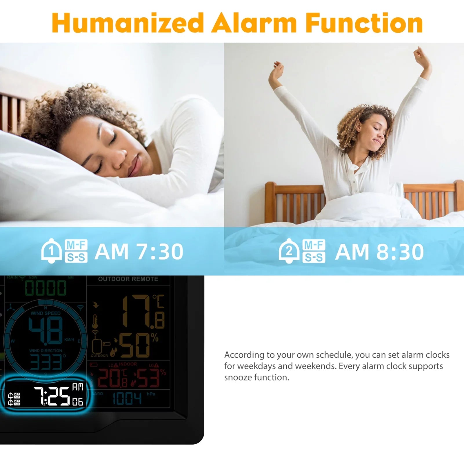 Suzicca Wireless Condition Station Indoor Hygrometer Thermometer Temperature Backlit Humidity Display Digital Environment Forecast Station Clock Alarm Clock with Sensor USB Port