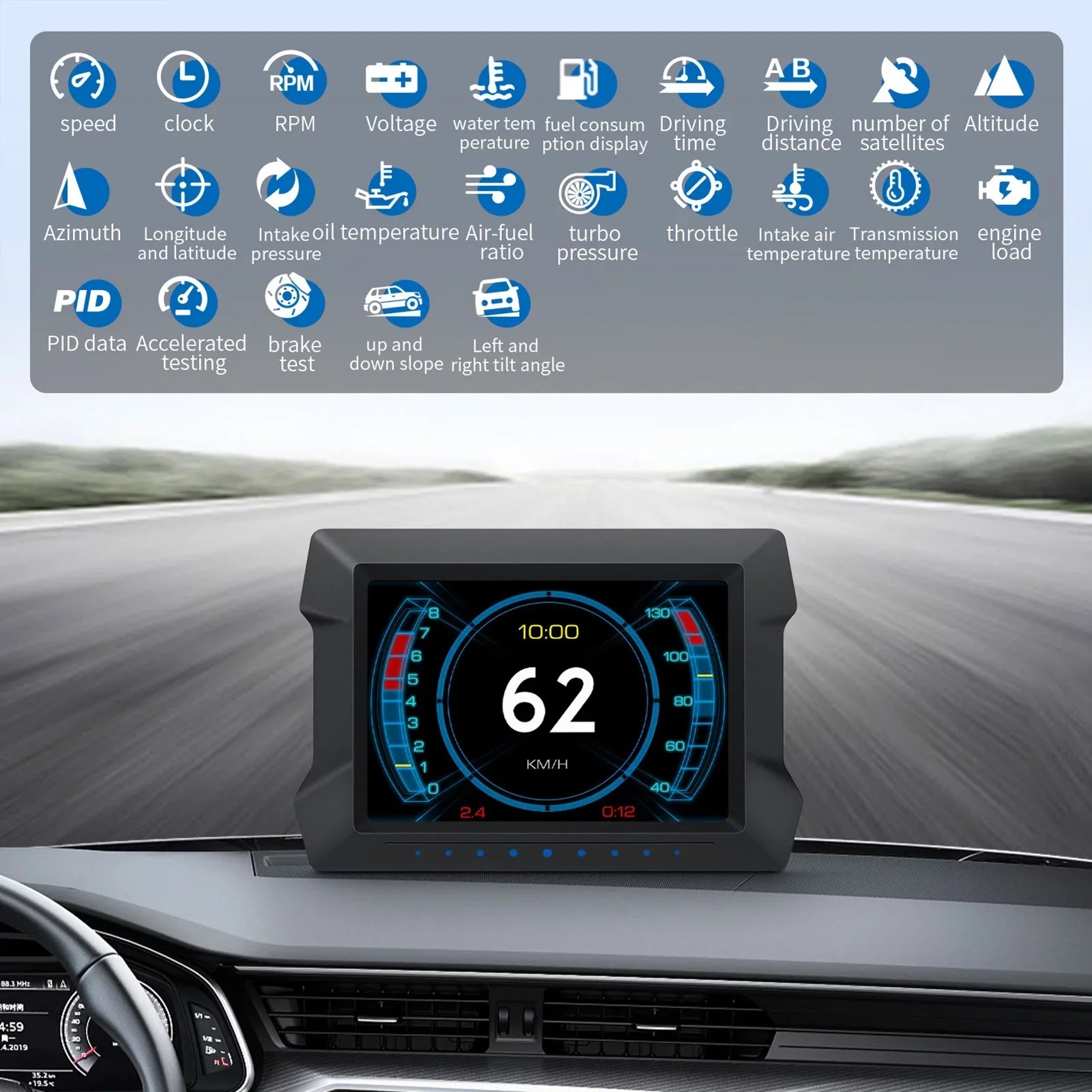 Multi-Functions Trip Computer P22 Universal Car HUD Car Gauge, OBDⅡ Diagnostic and Slope Meter Digital Speedometer Driving Computer Overspeed for All Vehicles