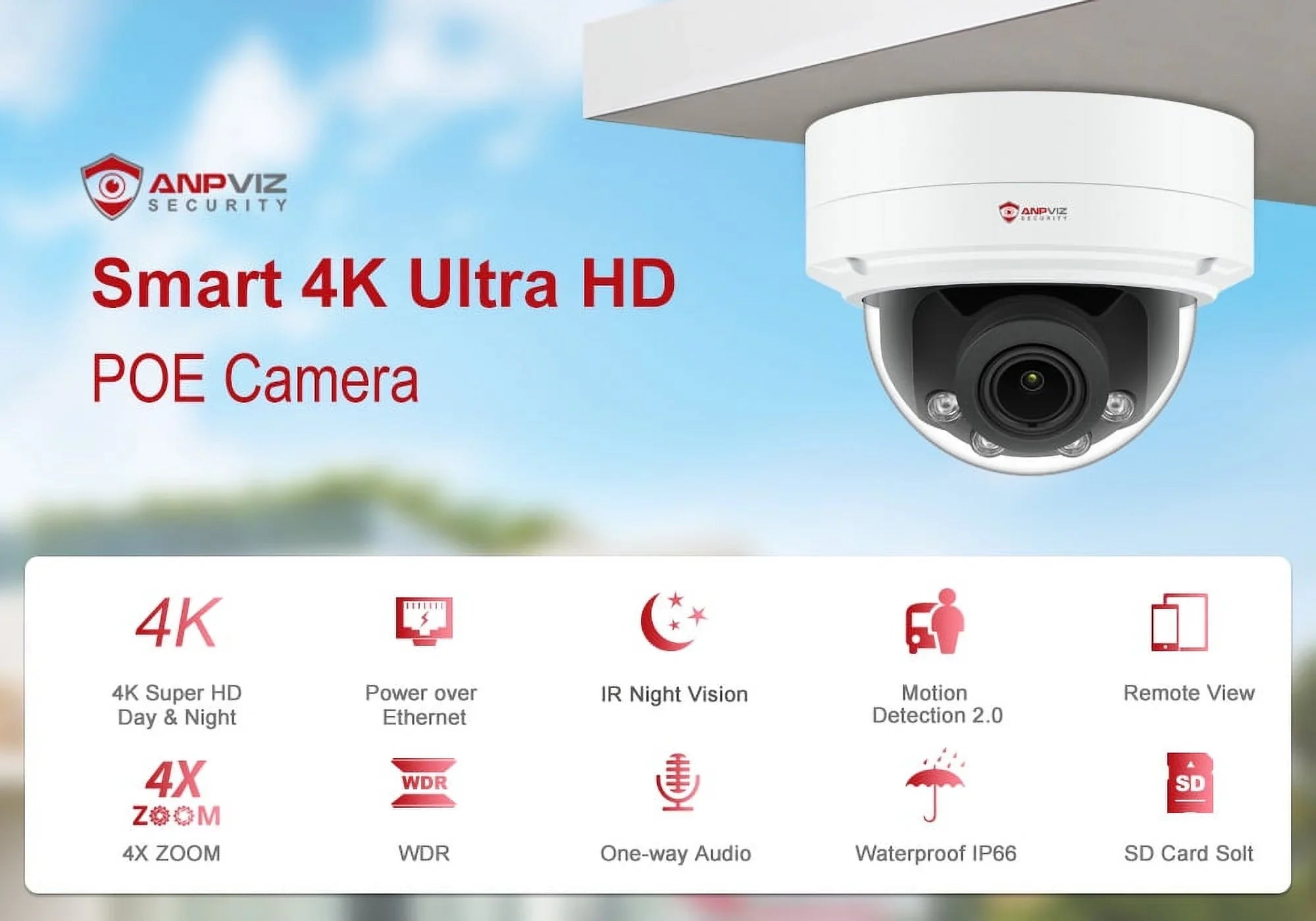 ANPVIZ 8MP IP Camera 4X Zoom Camera Support Human Vehicle Detection 30m IR Distance Built in Mic H.265 IP66