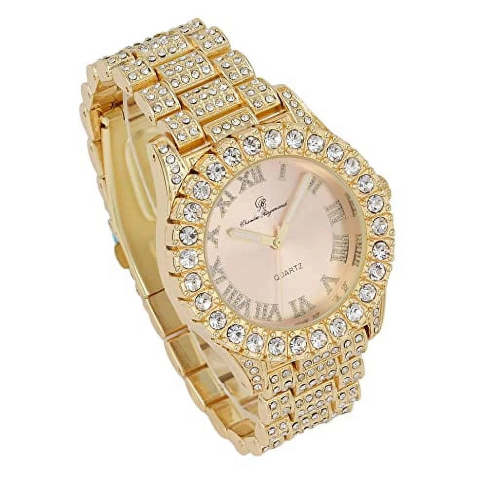 Women's Big Rocks Bezel Colored Dial with Roman Numerals Fully Iced Out Watch w/Matching Bling'ed Out Tennis Bracelet - ST10327LA (TLA Gold - Blush)