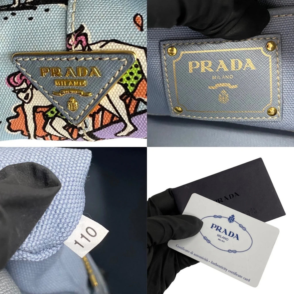 Pre-Owned PRADA Prada Triangle Canapa Surfing Pattern Canvas Handbag Tote Bag Blue Multicolor 25905 (Good)
