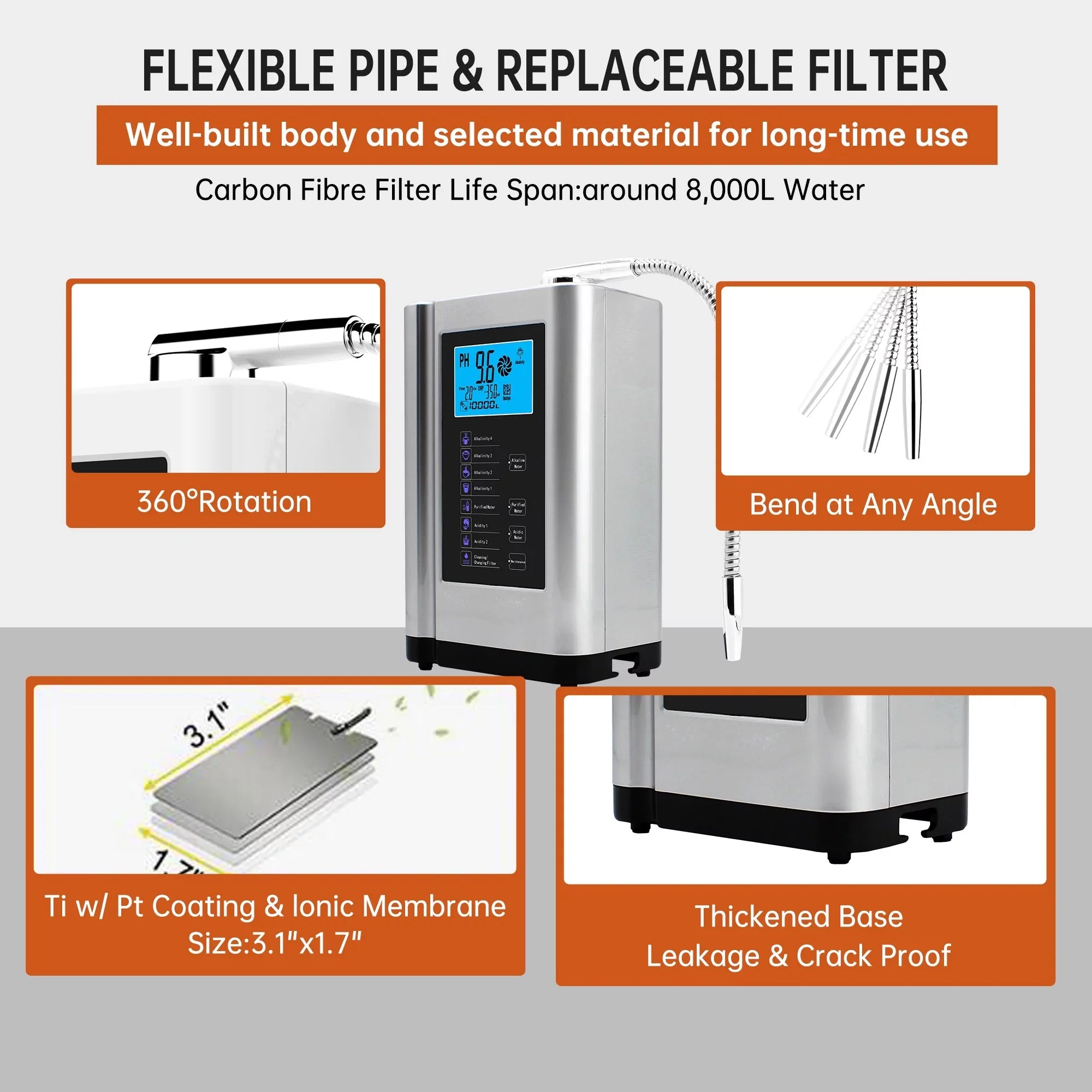 Alka Water Ionizer, Water Purifier Machine PH 3.5-10.5 Alkaline Acid Water Machine,Up to -500mV ORP, 8000 Liters Per Filter,7 Water Settings,Auto-Cleaning,Intelligent Voice(Silver)