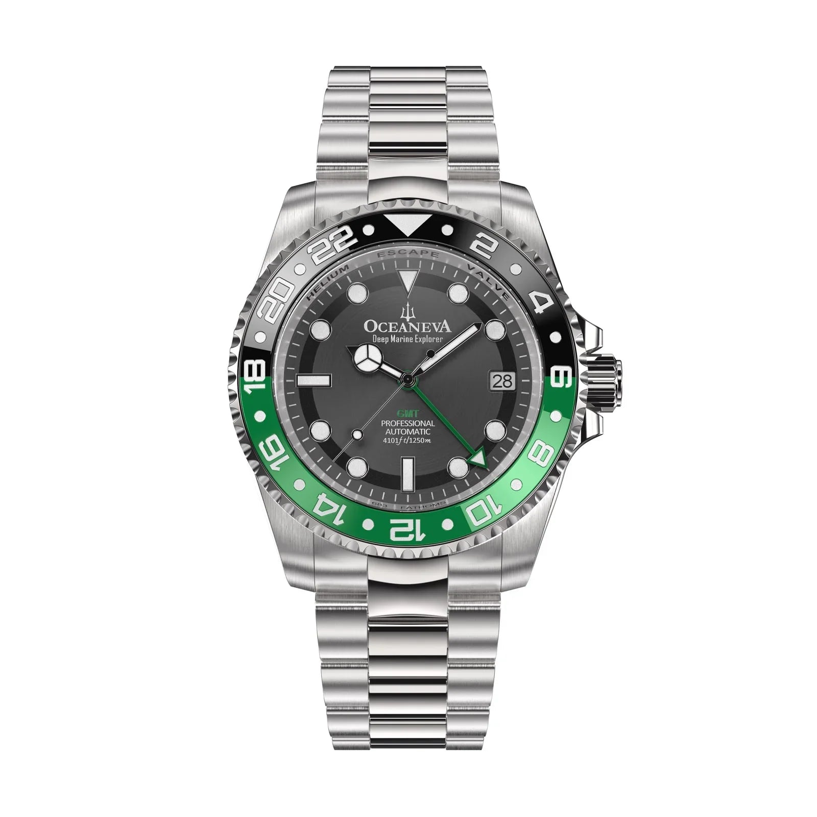Oceaneva™ GMT Deep Marine Explorer Pro Diver Black Green Bezel Watch - Screw Down with Triple Seal Case Back - 1250M Water Resistance - Japan Automatic Movement Dive Swimming Wrist Watches For Men