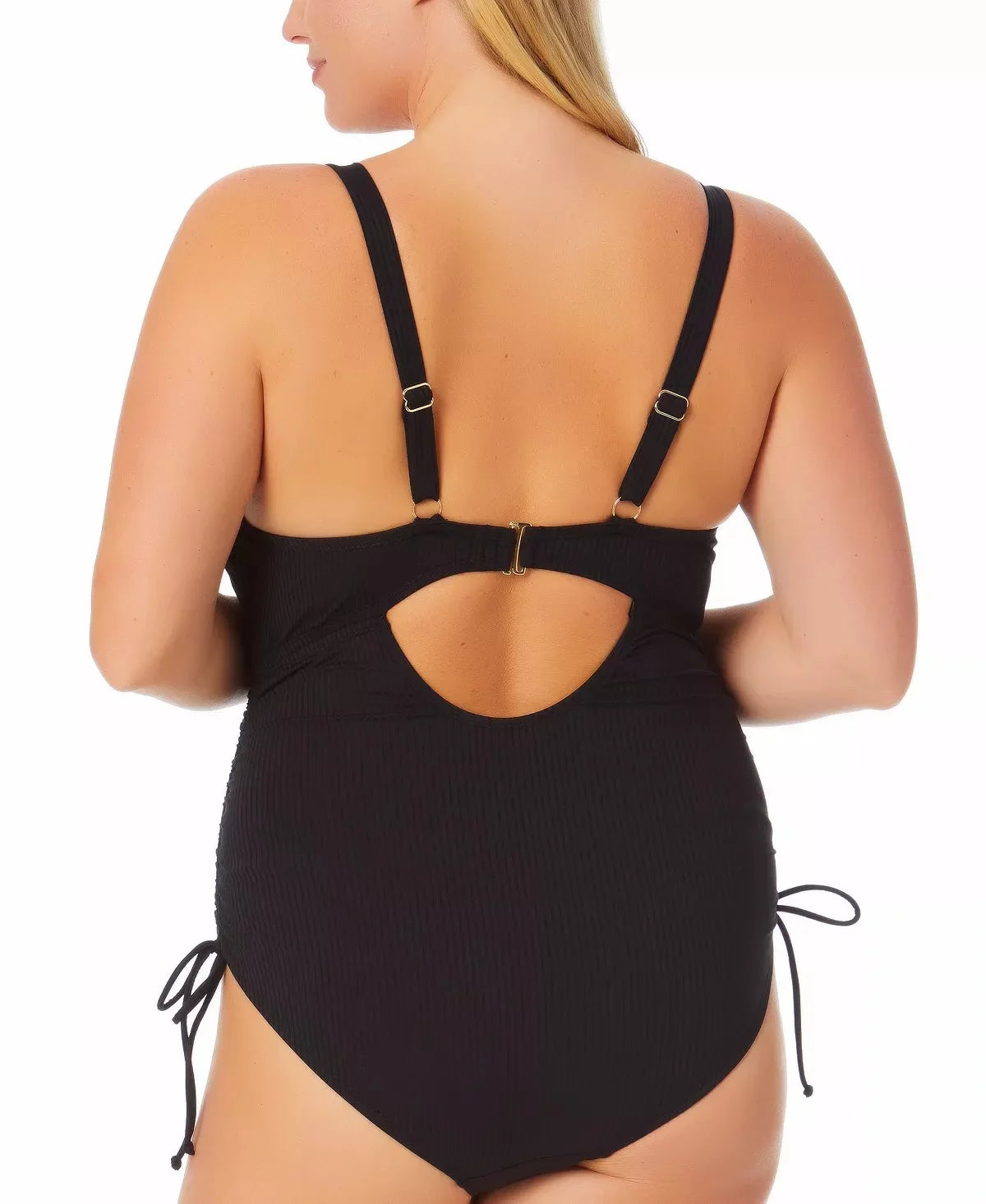 California Waves RICH BLACK Plus Size Ribbed Cutout One-Piece Swimsuit, US 20/22