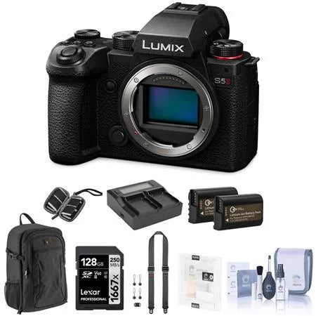 LUMIX S5 II Mirrorless Digital Camera Body Bundle with 128GB SD Card, Backpack, 2x Battery, Dual Charger, Strap, Screen Protector, SD Card Case, Cleaning Kit
