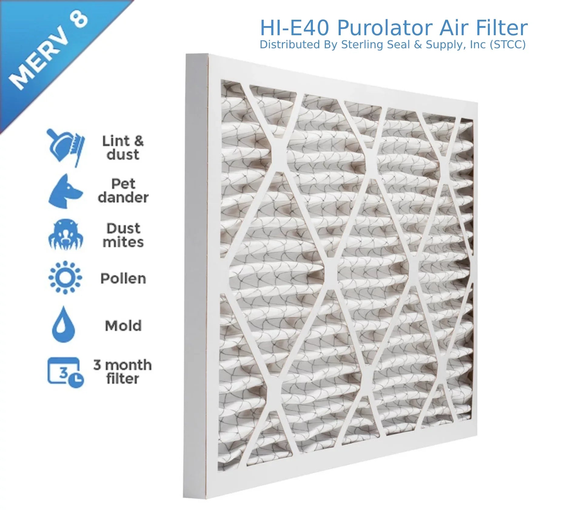 20x30x1, Purolator Hi-E 40 Extended Surface Pleated Air Filter, Mechanical MERV 8, (6 Pack)