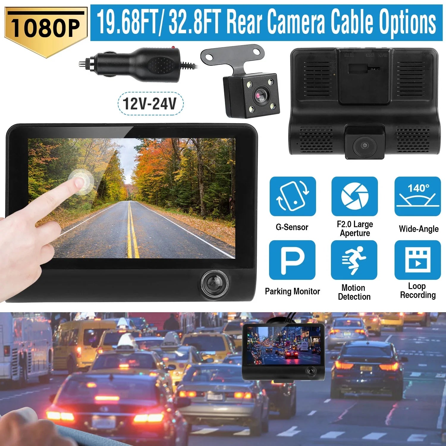 iMounTEK Car Recorder, FHD 1080P 4in Touch Screen Car DVR Dash Camera 3 Lens Vehicle Driving Recorder Seamless Loop Recording with 32.8ft Rear Camera Wire, Black