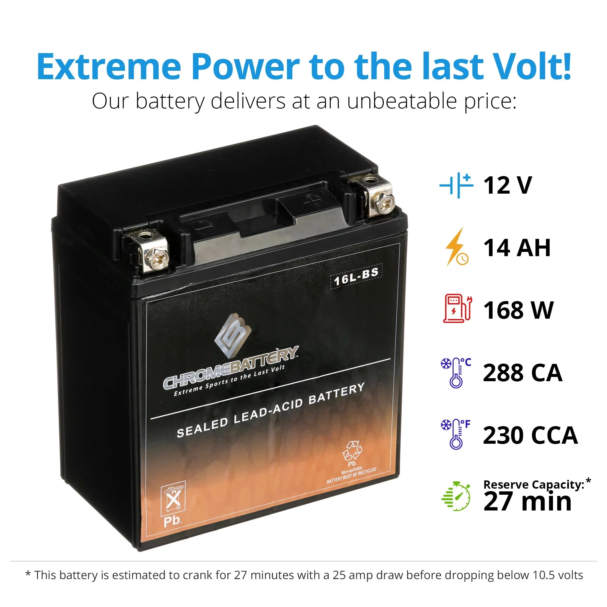 Chrome Battery Ytx16l-bs (16l-bs 12 Volts,14 Ah, 230 Cca) Jet Ski Battery for Kawasaki Js650 Sx 87-'95