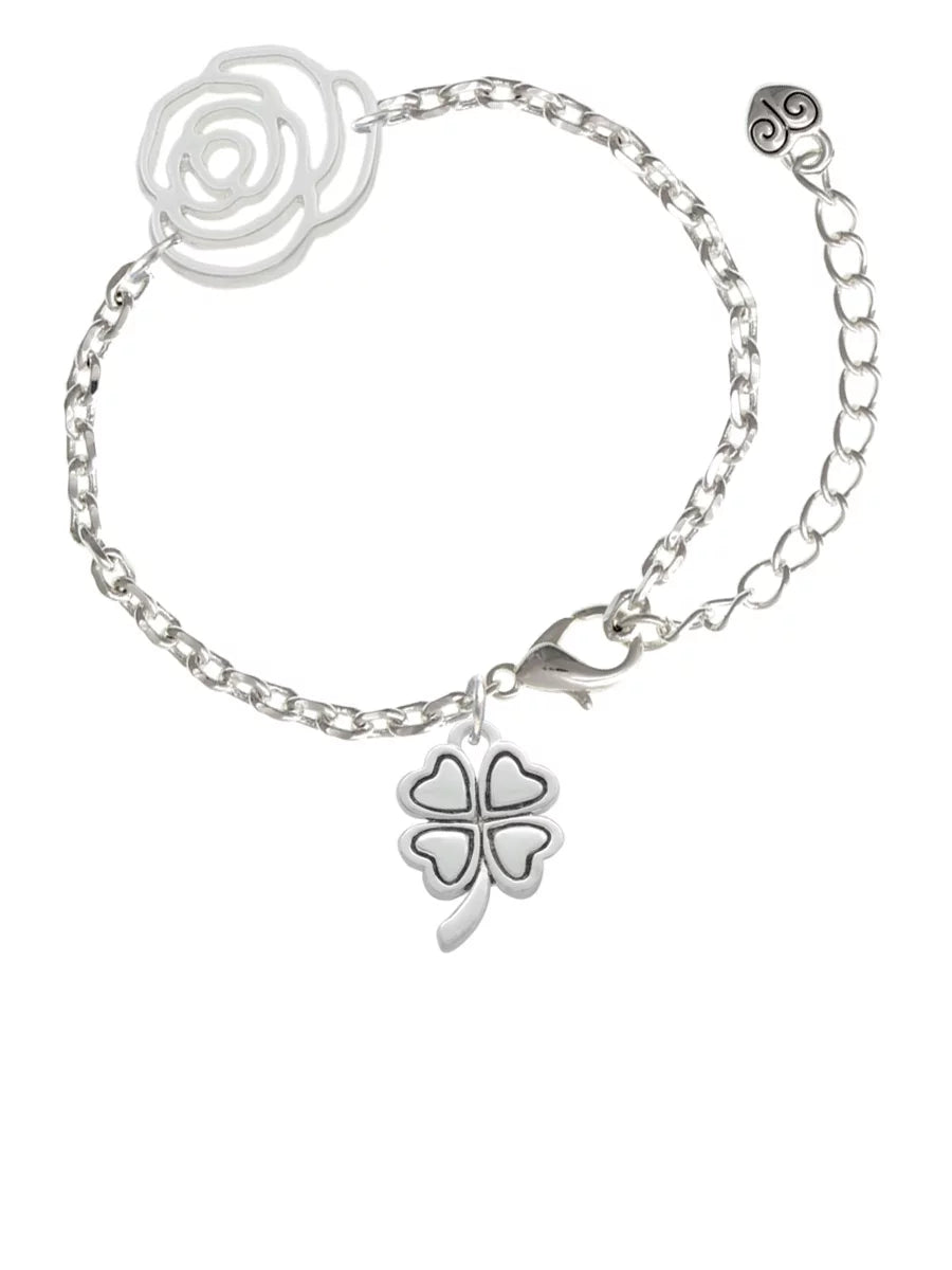 Delight Jewelry Silvertone Antiqued Four Leaf Clover Silver-tone Flower Link Chain Bracelet, 6.75"+2" Extender
