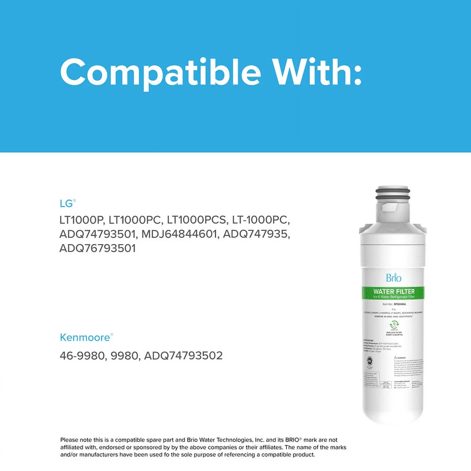 Brio 6046A Refrigerator Water Filter Replacement Suitable With LGLT1000P, LT1000PC, LT1000PCS, LT-1000PC, ADQ74793501