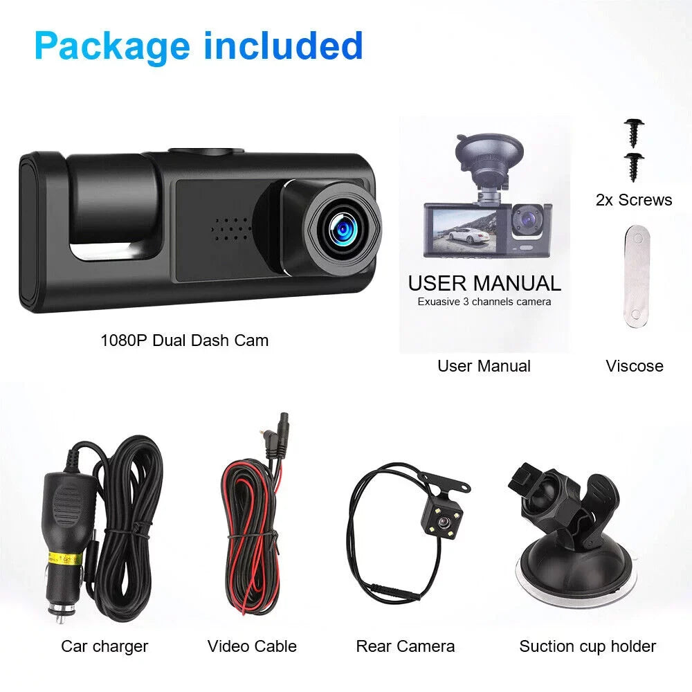 Jinyi 1080P Car Dual Lens Dash Cam Front/Rear/Inside Video Recorder Camera G-sensor