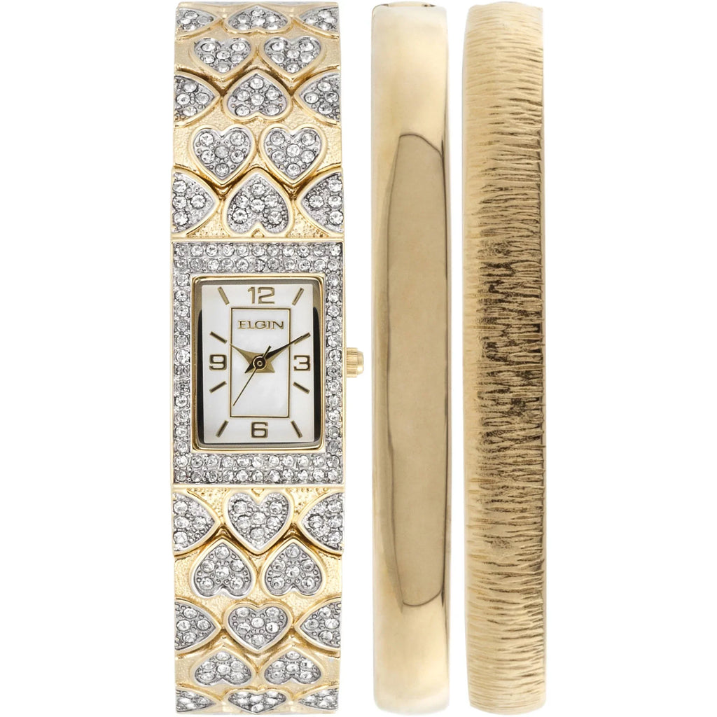 Elgin Adult Female Gold-Tone White MOP Round Crystal Double Bangle Watch Set (EG8012ST)