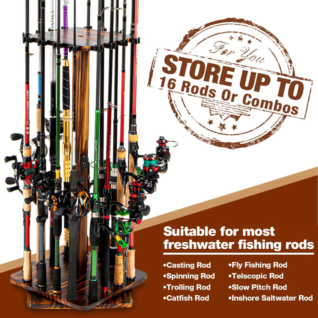 Ghosthorn Fishing Rod Pole Holders for Garage 360 Degree Rotating , Holds up to 16 Rods Wood Fishing Gifts for Men