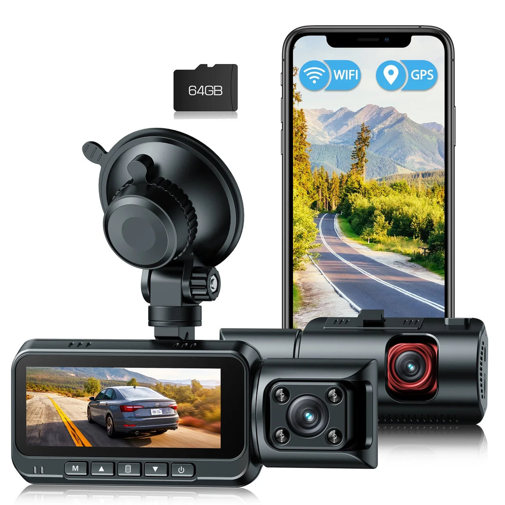 TOGUARD UHD 4K WiFi GPS Dash Cam, IR Night Vision Dash Camera Front and Inside Car Camera with 64GB Card