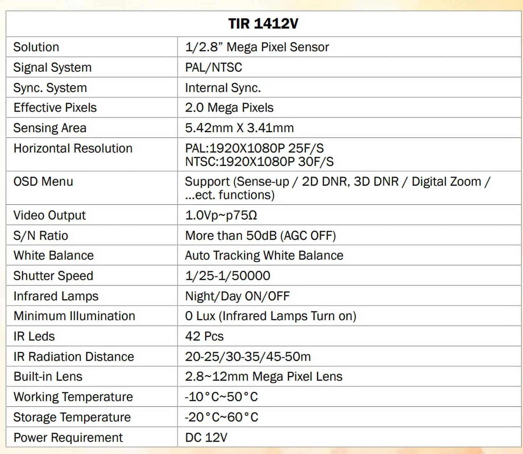 Eyemax TIR-1412V-W HD-TVI 2MP Outdoor Bullet Camera, 2.8-12mm, 42 IR LED 12V DC, Sense-up