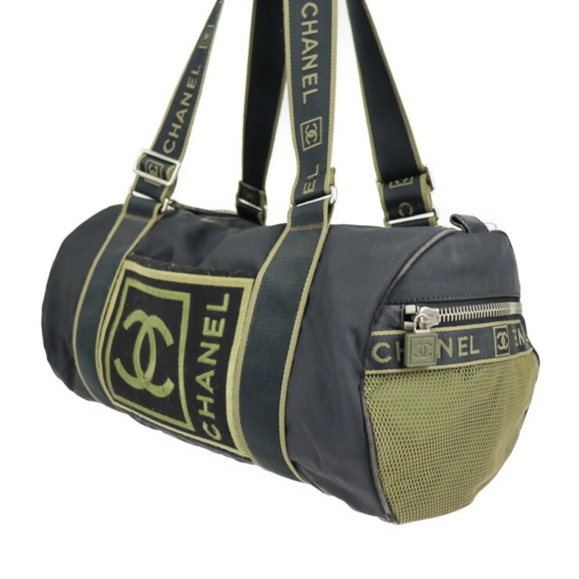 Pre-Owned CHANEL Chanel Sport Line Boston Bag Nylon Canvas Black Khaki Green Shoulder Travel Cocomark 10 Series Round Cylindrical (Fair)