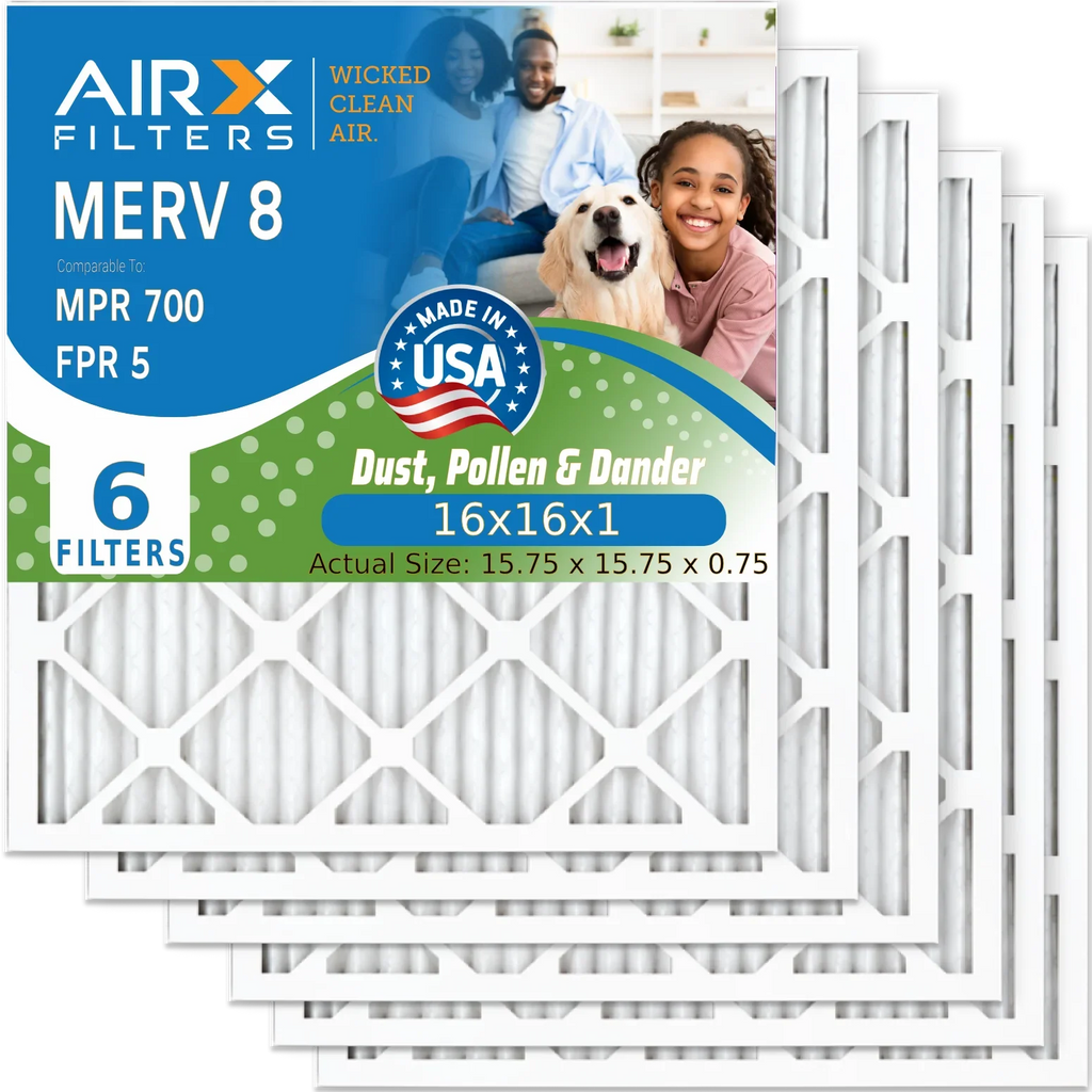 16x16x1 Air Filter MERV 8 Comparable to MPR 700 & FPR 5 Electrostatic Pleated Air Conditioner Filter 6 Pack HVAC AC Premium USA Made 16x16x1 Furnace Filters by AIRX FILTERS WICKED CLEAN AIR.