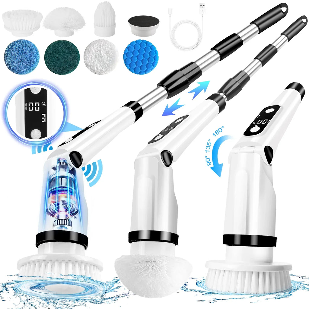 Electric Spin Scrubber, WLRETMCI Cordless Cleaning Brush with 8 Brush Heads,Shower Scrubber with Long Handle Household Cleaning Brushes for Bathroom Tub Tile Kitchen Floor Car