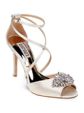 BADGLEY MISCHKA Womens Ivory Satin Beige Cushioned Footbed Dustbag Embellished Ankle Strap Tatum Open Toe Stiletto Clasp Dress Heeled Gladiator Sandal 10