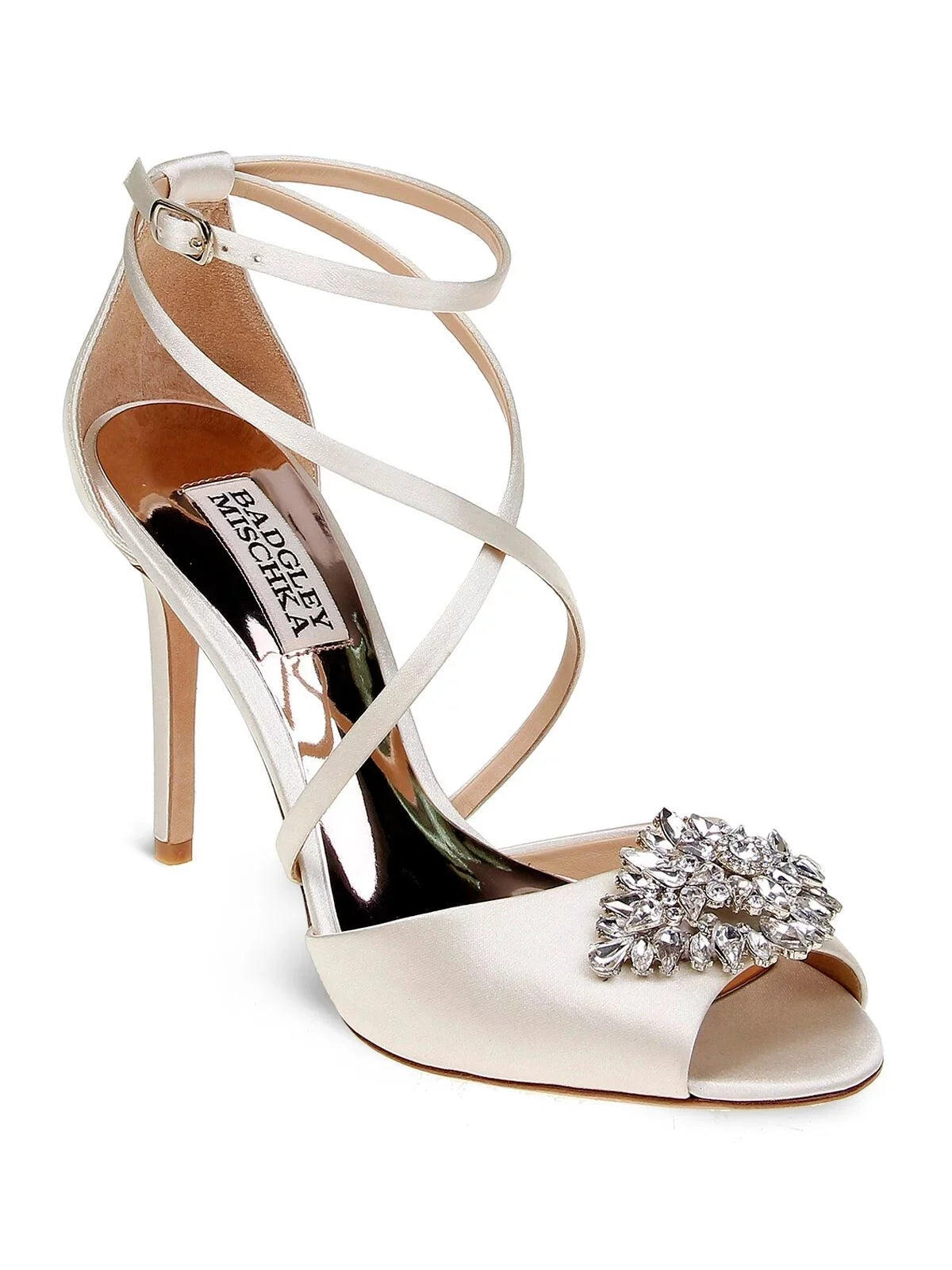BADGLEY MISCHKA Womens Ivory Satin Beige Cushioned Footbed Dustbag Embellished Ankle Strap Tatum Open Toe Stiletto Clasp Dress Heeled Gladiator Sandal 10
