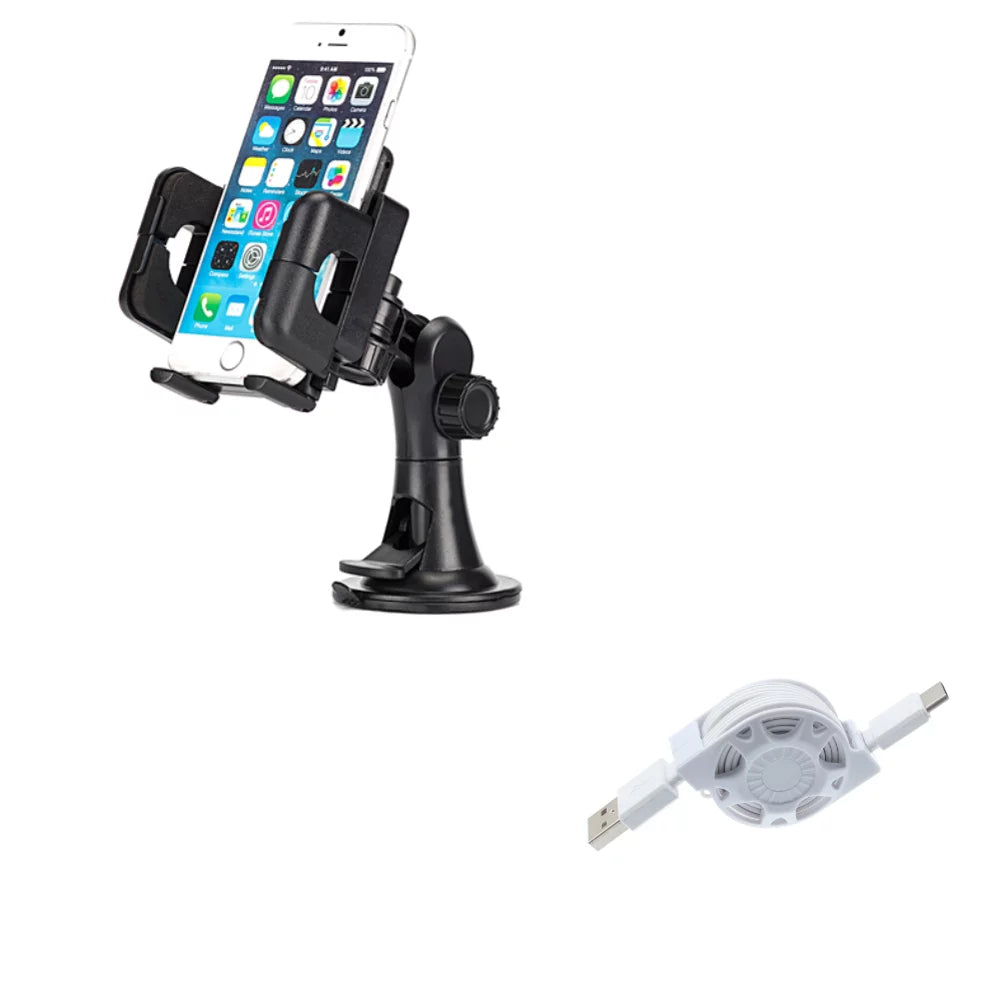 USB Cable w Car Mount, Retractable Type-C Charger, Dash Windshield Holder N2Z for Samsung Galaxy A9 A50 A20 A10e - Sonim XP8 XP3 - Sony Xperia 5 10 Plus 1 - Xiaomi Redmi Note 7, Mi Mix 2 9T 9