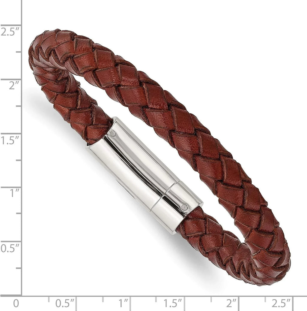 Chisel Stainless Steel Polished Brown Braided Leather Bracelet - 8.5"