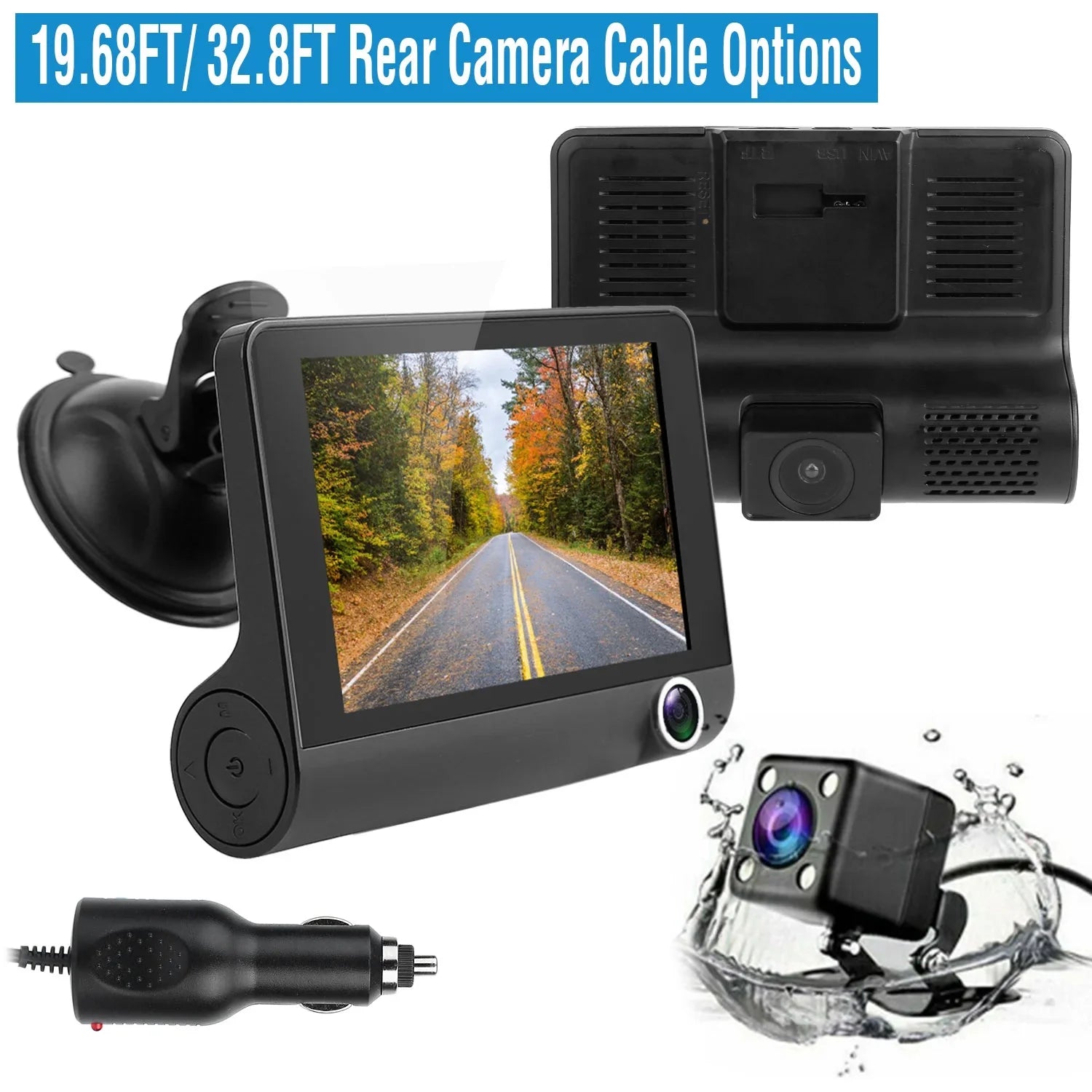 iMounTEK Car Recorder, FHD 1080P 4in Touch Screen Car DVR Dash Camera 3 Lens Vehicle Driving Recorder Seamless Loop Recording with 32.8ft Rear Camera Wire, Black