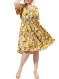 MODA NOVA Juniors' Plus V Neck Floral Print Flare Sleeve Casual Midi Dress Yellow 3X
