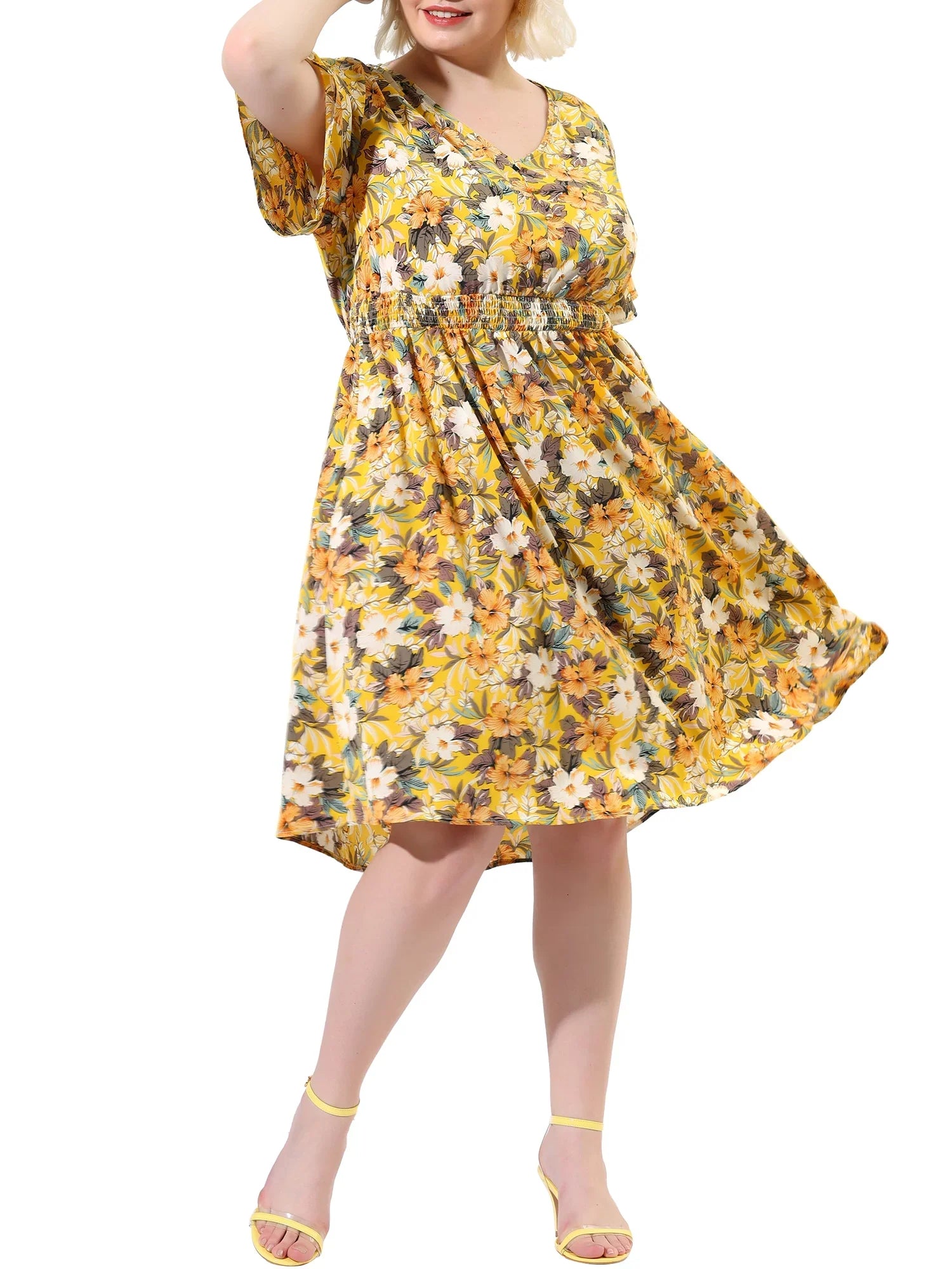 MODA NOVA Juniors' Plus V Neck Floral Print Flare Sleeve Casual Midi Dress Yellow 3X
