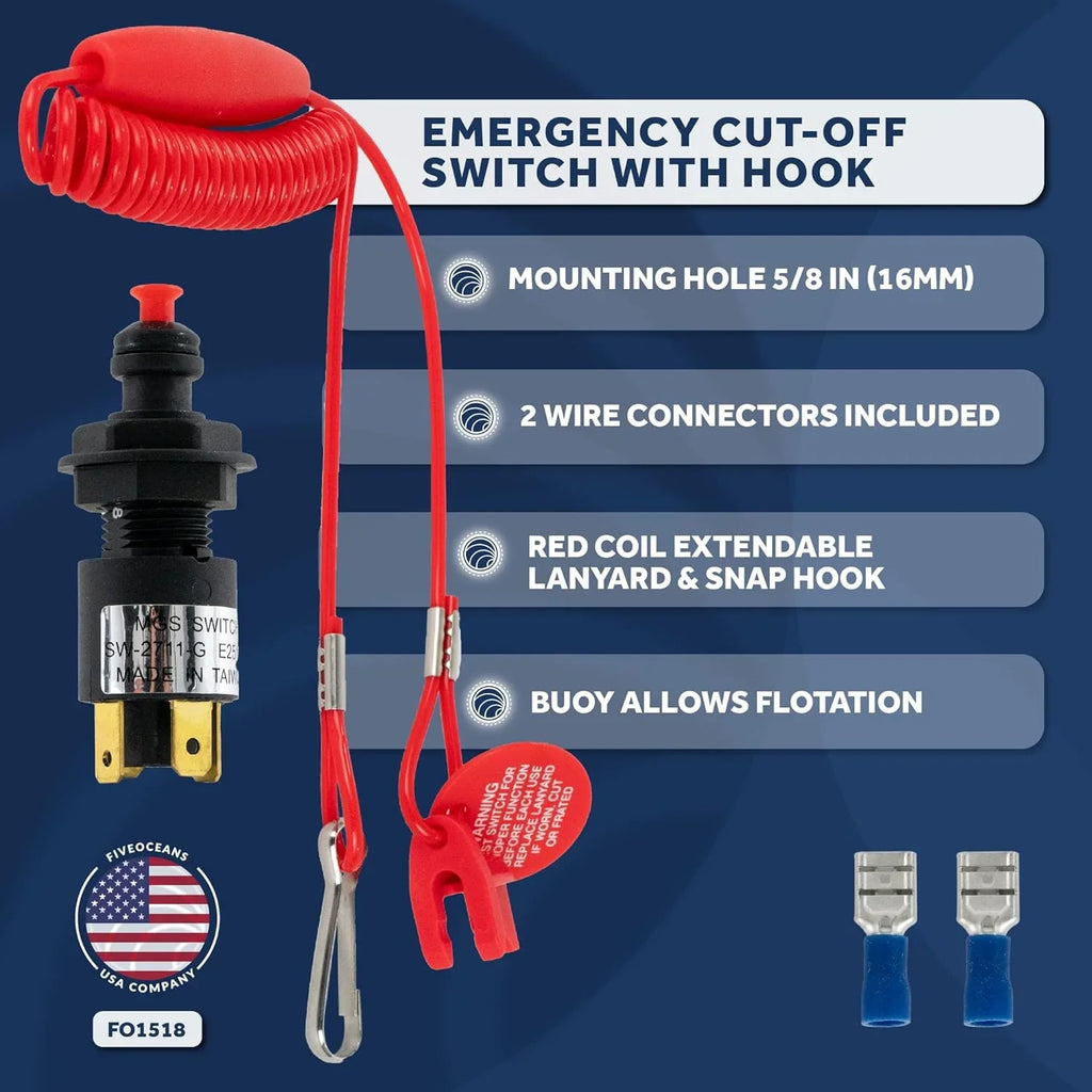 Five Oceans Marine Universal Emergency Cut-Off Switch, Kill Switch, Engine Shut-Off Switch 12VDC, Coil Extendable Lanyard, Snap Hook and Red Buoy, for Jet Ski, Inflatable Craft ATVs - FO1518